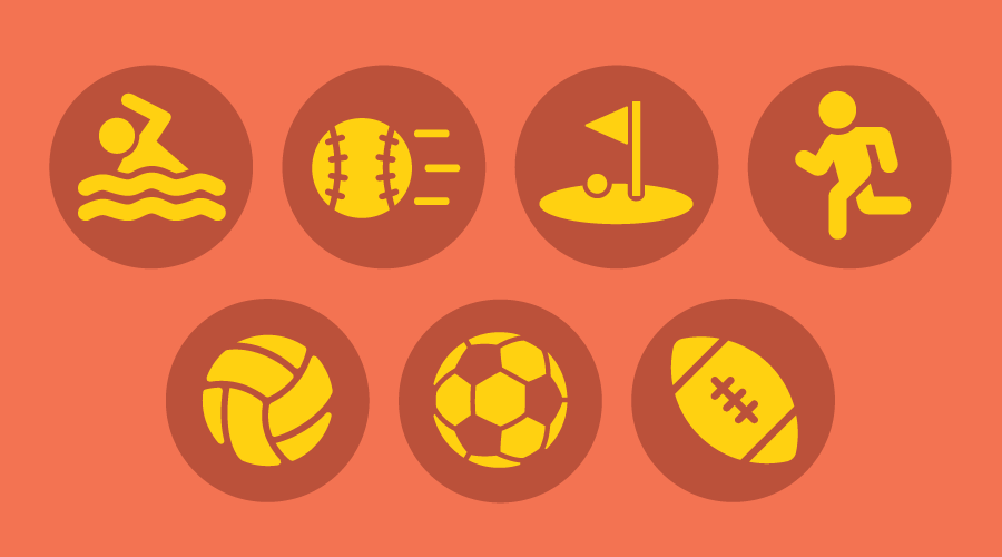 秋季运动的图形包括一个人跑越野, a golf course, 慢速投球的垒球, a swimmer, a football, a soccer ball, and a volleyball